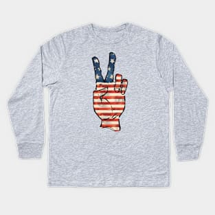 USA Flag Peace Hand Kids Long Sleeve T-Shirt